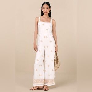 Lulus Arwen Embroidered Wide-Leg Jumpsuit in Ivory Size M